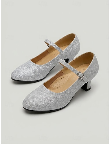  Damesdansschoenen met zilveren glitter en ballroomhak – klassieke Mary Jane-dansschoenen met standaard hakken