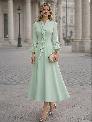  A-linje Ankellengde Te-lengde Cocktailkjoler Elegant 3/4 ermer V-hals Bryllup Formell Lomme Stretch Crepe med Drapert