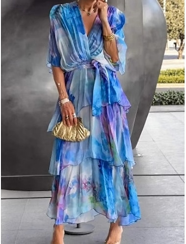  Damen Midikleid Chiffonkleid Stufenkleid Druckkleid Mode Modern Urlaub Ausgehen Wochenende Normale Passform Abstrakt Kurzarm V Ausschnitt Blau Gelb Purpur Orange Sommer Frühling