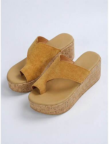  női mustársárga velúr éktalpú papucs - platform szandál parafa textúrájú talppal szabadtéri nyaraláshoz, nyári utazáshoz &tengerparti üdülőhelyi ruházat