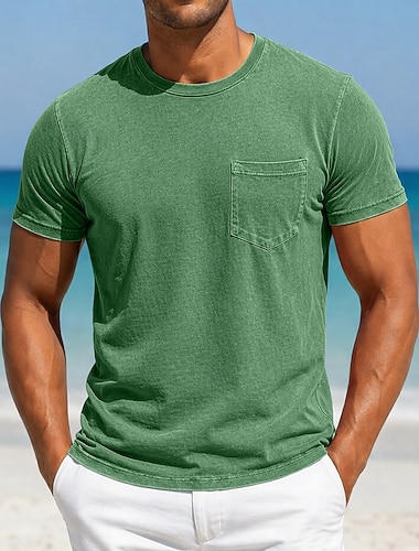  Homme T-shirt Chemise 100% coton délavée à l'acide Manche Courte Col ras du cou Été Printemps Toutes saisons Couleur Unie Élégant ancien Neutre Avec Poches Col rond Teinture en vêtement Occasionnel