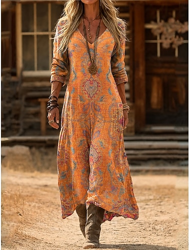  Per donna Abito Midi Vestito Estivo Abito Estivo Vacanza Casual Boho Quotidiano Vestibilità comoda Grafico Paisley Blocco di colori Manica Lunga Scollo a V Nero Bianco Arancione Estate Primavera