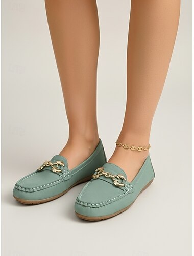  ウィメンズ グリーン チェーンディテール ローファー - 日常の着用、ウォーキング、旅行、カジュアルな外出に最適な快適なスリップオンシューズ