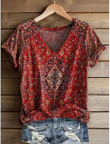  Dámské Tričko Tisk Květinový Grafika Rostliny Vinobraní stylové Na běžné nošení Krátký rukáv Do V Běžné topy Denní Víkend Vodní modrá Žlutá Světlá růžová Fialová Rubínově červená Léto Jaro