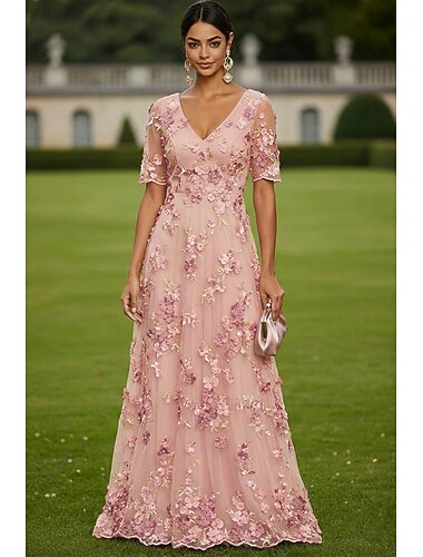  A-vonalú Ruhák Földig érő Maxiruha Party ruha Koktélruha Örömanya ruha Rövid ujjú V-alakú Elegáns Szüret Pazar Előírásos Esküvői vendég Kentucky Derby Sifon Tüll val vel 3D virágok Hímzés Rátétek