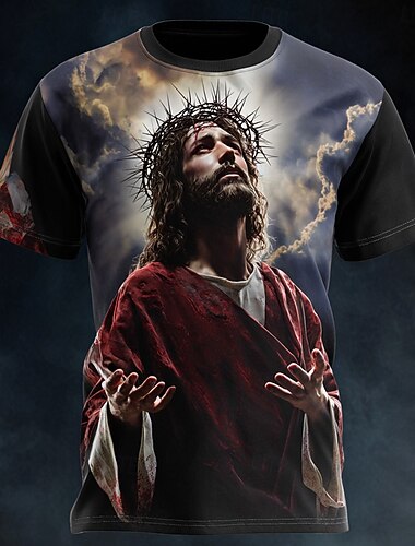  Camiseta Masculina da Bíblia Jesus Cristo Coroa de Espinhos Oração Robe Vermelha Religião Cristã Arte Espiritual Camiseta com Estampa Completa Ajuste Regular Igreja Casual Designer