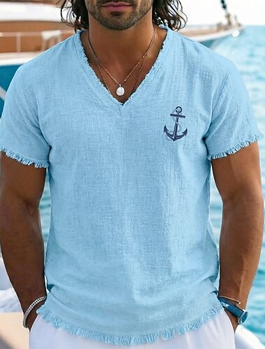  T-shirt d'été vintage bohème en coton et lin, imprimé marin, ancre et corde, col V, ourlet brut effiloché, coupe ample, idéal pour la plage, la voile et les vacances. Tailles : S, M, L, XL, XXL, XXXL.