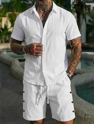  Herren Leinenhemd Knopfhemd Und Leinenshorts Set Einfach Lässig Täglich Outdoor Umlegekragen Kurzarm Kurze Ärmel Sommer Mode Lässig Bequem Bekleidung