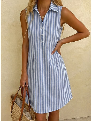  Dame Knelang kjole Skjortekjole Uformell kjole Stripete kjole Mote Grunnleggende Daglig Feriereise Normal Stripet Ermeløs Skjortekrage Blå Svart Vin Grønn Sommer Vår
