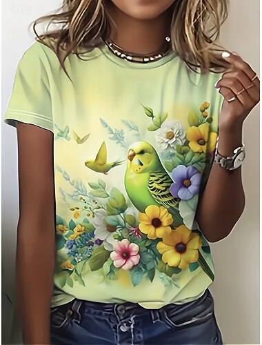  Dames T-shirt Afdrukken Bloemig Grafisch dier Stijlvol Klassiek Casual Korte mouw Strakke ronde hals Ronde hals Normale tops Dagelijks Grasgroen Rood Groen Zomer Lente