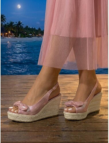  Roze sleehak sandalen voor dames - espadrille platformzool met strikdetail voor een diner op vakantie &strandavondfeest