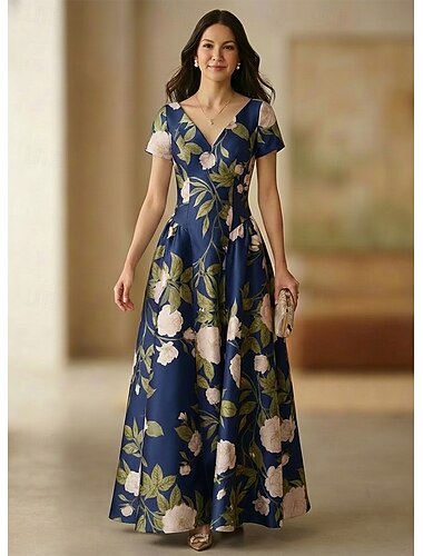  A-Linie Bodenlang Abendkleid Elegant Blumen Formell / Schwarze Krawatte Kurzarm V Ausschnitt Hochzeit Formell Satin mit Blumenmuster Gerafft