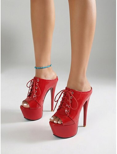  Sandalias de tacón de aguja rojas con plataforma para mujer, zapatos de fiesta con cordones y punta abierta para la vida nocturna y discotecas. &looks que marcan tendencia