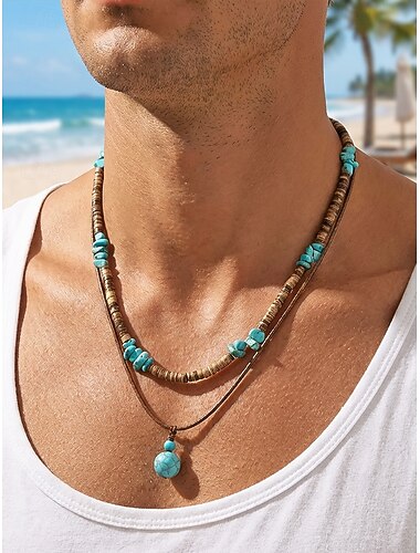  Herenketting in bohemian stijl met kokosnootschelp en turkoois, een gelaagde hanger van blauwe en bruine kralen, perfect voor strandvakanties, resortkleding, casual zomeroutfits en dagelijks gebruik.