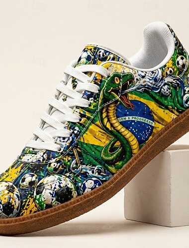  Casual sneakers voor heren met Braziliaanse vlag en voetbalprint, vetersluiting, lichtgewicht, comfortabel, wandelschoenen, voetbalfanschoenen voor wedstrijddagen, het aanmoedigen in het stadion, sportevenementen, reizen en streetwear.