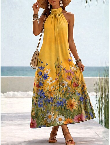  Mujer Vestido maxi Vestido de verano Vestido de una línea Vacaciones Playa Holgado Floral Graphic Sin Mangas Cuello halter Azul Piscina Amarillo Rosa Verano Primavera
