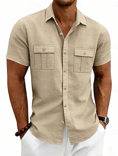  Herren Hemd Leinenhemd Sommerhemd Strandhemd Einfach Outdoor Urlaub Schwarz Weiß Marineblau Khaki Kurzarm Umlegekragen Sommer Frühling Bekleidung Tasche