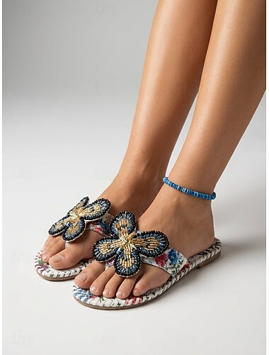  Dames slippers met bloemenprint, platte slippers met kralen en vlinderversiering, perfect voor een diner op vakantie of een avondje uit in een resort. &zomerfeesten