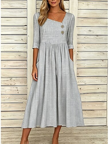  Dame Midikjole Solkjole Uformell kjole Stripete kjole Elegant Mote Moderne Strand Feriereise Helg Normal Stripet 3/4 ermer V-hals Grønn Grå Sommer Vår