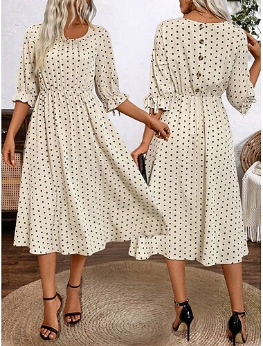  Dámské Midi šaty Áčkové šaty Letní šaty prázdniny Na běžné nošení Denní Rande Běžný Grafika Puntíky Poloviční rukáv Tričkový Béžová Léto Jaro