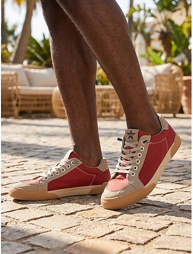  Herresko i rød og beige med fargeblokker, lette og komfortable sko med snøring for utendørsaktiviteter på feriesteder, feriereiser, fritid på feriesteder, sommeraktiviteter og hverdagsbruk