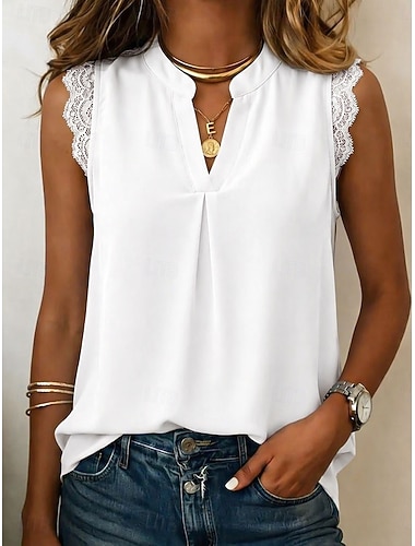  Femmes Chemise en Dentelle Chemisier Hauts en mousseline de soie Patchwork Uni Élégant Vacances Sans manches Col en V Hauts Longs Occasionnel Blanc imprimé Rose Claire Vert Beige Été