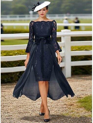  Due Pezzi Tubino Colonna Lunghezza al ginocchio Abito da invitata a nozze Abito da cerimonia per signora Manica 3/4 Senza Spalle Elegante Festa Formale Ospite di nozze Chiffon Pizzo Seta imitata con