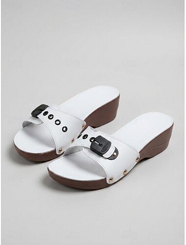  Sandales compensées blanches à boucle pour femmes – mules confortables à rivets pour le jardin, les sorties décontractées, les vacances et le quotidien