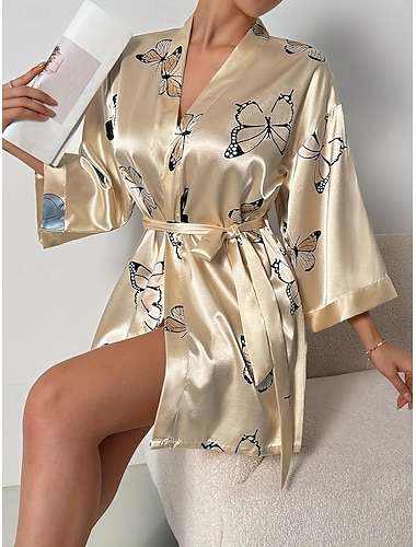  Dame lounge Kappe Nattkjole Mote Fritid Grafisk Sommerfugl Silkemyke satengpysjamas Lapper Kjoler Hjem Feriereise Halvlange ermer V-hals Champagne Sommer Vår Normal Løstsittende