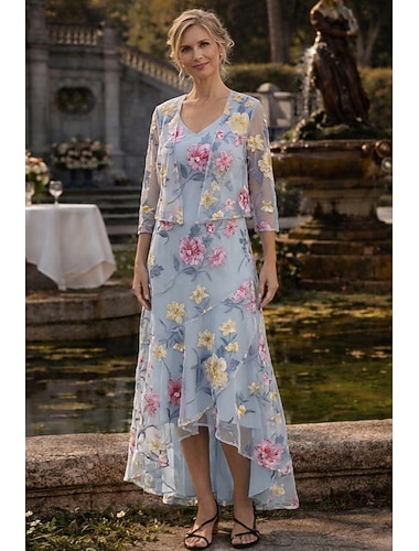  Todelt A-linje Te-lengde Gjestekjole til bryllup Kjole til brudens mor Ermeløs 3/4 ermer V-hals Elegant Enkel Formell Kentucky Derby Semi-formelt Organza Jacquard Korte jakkekjoler med Drapert