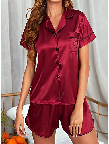  Dam Vardagsklädsel Pyjamas set Mode Enkel Ledigt Ren färg Silkeslen satinpyjamas Pyjamas Elastisk midja Knappar Shorts Hem Semester Kortärmad Tröjkrage Vit Gul Vin Orange Rosenröd Sommar Vår Höst