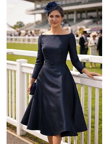  Linea ad A Lunghezza Tè Lunghezza al ginocchio Vestito da Festa Abito da Cocktail Abito da invitata a nozze Abito da cerimonia per signora Manica Lunga Collo gioiello Elegante Semplice Ricevimento di