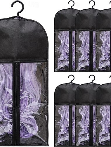  Lot de 6 pochettes de rangement pour extensions de cheveux - pochettes de rangement pour perruques avec cintre, anti-poussière, idéales pour les extensions de cheveux &accessoires