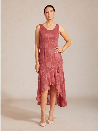  Dame Maxikjole Chiffonkjoler Elegant Blomstret Ermeløs U-hals Korallrød