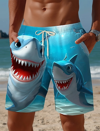  Herre Hai Morsom tegneseriedyr Badeshorts Badedrakter Badeshorts Surfeshorts Medium Midje Hawaiisk Strandferie Sidelommer Mesh fôr Elastisk snøring i midjen Designer Klær