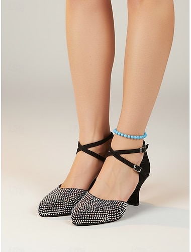  Dámské černé taneční boty, uzavřená špička s kamínky a kříženým páskem, cvičné podpatky pro standardní tanec, valčík, tango &školení