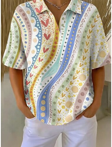 Per donna Camicia a nido d'ape Camicia casual Top estivi Grafico Geometrico Vintage Elegante Manica Corta Top Regolari Quotidiano All'aperto Ufficio Bianco e blu Arcobaleno Estate Primavera Autunno