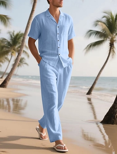  Herren Leinenhemd Zweiteilig Hemd Set Und Weites Bein Leinenhosen Hose Set Einfach Lässig Täglich Outdoor Umlegekragen Kurzarm Sommer Mode Lässig Bequem Bekleidung