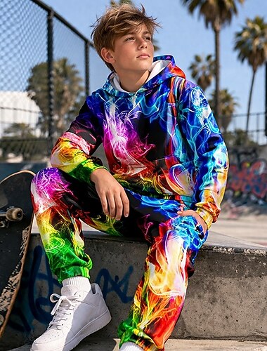  Para Meninos 3D Gráfico Relâmpago Abstrato Conjunto de moletom e moletom Roupa Esportiva Fatos de treino Manga Longa Impressão 3D Primavera Outono Esportes Moda Casual Infantil 4-12 anos Com Capuz Ao