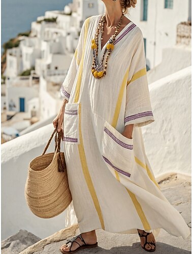  Dames Maxi-jurk Jurken met linnenlook strand jurk Casual jurk Jurk met print Elegant Modieus Modern Buiten Vakantie Uitgaan Ruim Passend Geometrisch Lange mouw V-hals Wit Paars Beige Licht Blauw