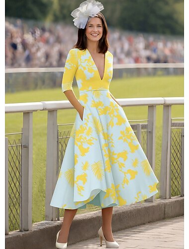  A-linje Telång Cocktailklänningar Elegant 3/4 ärm V-hals Trädgårdsfest Bröllop Satäng med Blomtryck