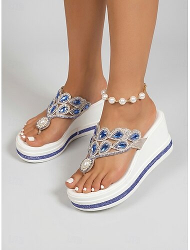  Sandales compensées blanches à plateforme pour femmes, sandales à lanières ornées de strass pour dîner en vacances, soirées en station balnéaire &fêtes d'été