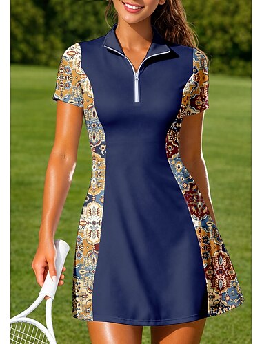  Damen Geometrisch Blumenmuster Sportkleid Tennis Polo Kleid Kurzarm Viertel Postleitzahl Elastisch Schweißableitend Atmungsaktiv Volleyball Tennis Golfspiel Umlegekragen Kleid Wein Blau Orange