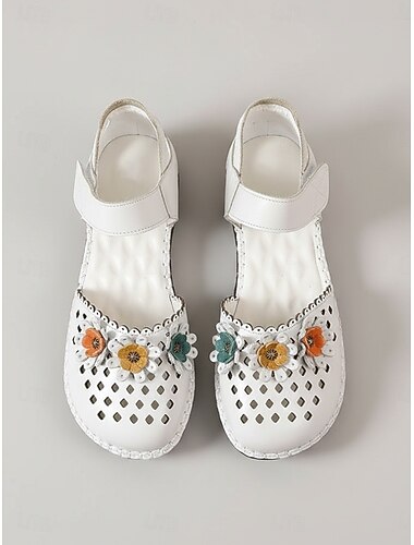  أحذية ماري جين مسطحة بيضاء من الجلد الطبيعي للنساء - أحذية واسعة ومريحة بفتحات وتفاصيل زهرية، أحذية مسطحة مريحة للحياة الريفية والحديقة والارتداء اليومي