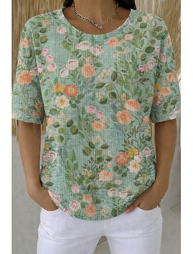  Dame Vaffel T-shirt Strukturerede strikkede toppe Sommertoppe Grafisk Geometrisk Planter Stilfuld Klassisk Kortærmet Rund hals Lange toppe Afslappet Daglig Blå Grøn Sommer Forår Efterår