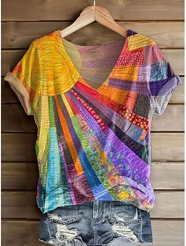  Dámské Tričko Tisk Květinový Grafika Rostliny Vinobraní stylové Na běžné nošení Krátký rukáv Do V Běžné topy Denní Víkend Vodní modrá Žlutá Fialová Fialová Oranžová Léto Jaro