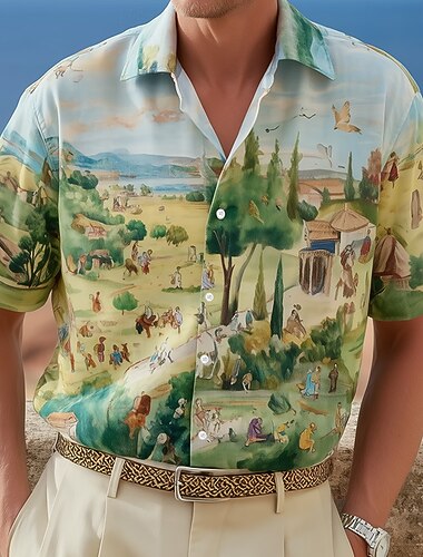  Homme Scène de village Vintage Paysage Chemise hawaïenne Chemises tropicales Chemise Aloha Manche Courte Hawaïen Resort Vacances à la Plage Été Printemps Col Rabattu Impression 3D Chemises boutonnées