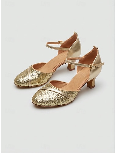  Damesko med gullglitter og lukket tå til ballroom-dans, standard dansesko med ankelrem for vals, foxtrot og tango &ytelse