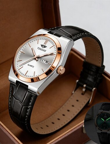  herrklocka med kvarts - elegant armbandsur med läderrem och roséguldbezel, självlysande analog klocka med dag- och datumfunktion, vattentät minimalistisk klocka för män, jubileumspresent till honom