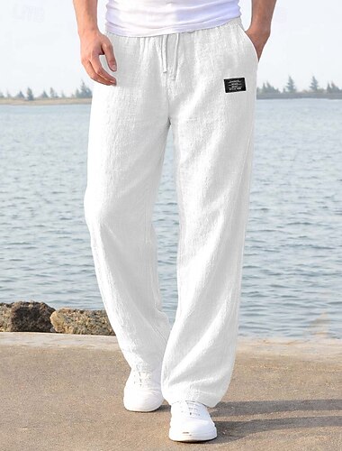  Homme Pantalons en Lin Pantalons Pantalon d'été Pantalons Amples Pantalons de Plage Cordon de serrage Taille Élastique Jambe Droite Uni Confort Respirant Longueur complète Occasionnel Quotidien Fête